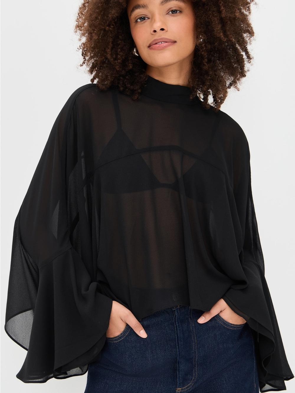 Wayf Black Sheer Bell-Sleeve Blouse